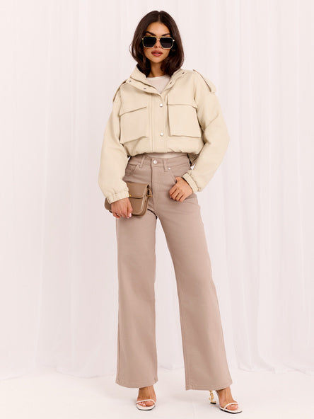 Dark Beige Wide-Leg Denim Trousers