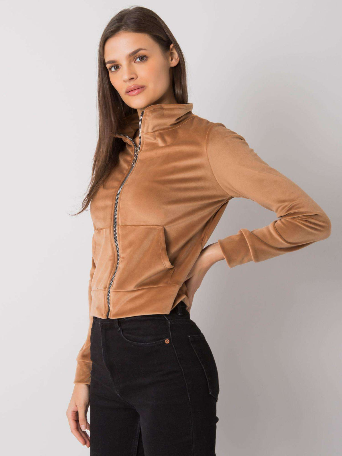 Camel Velour Zip-Up Sweatshirt