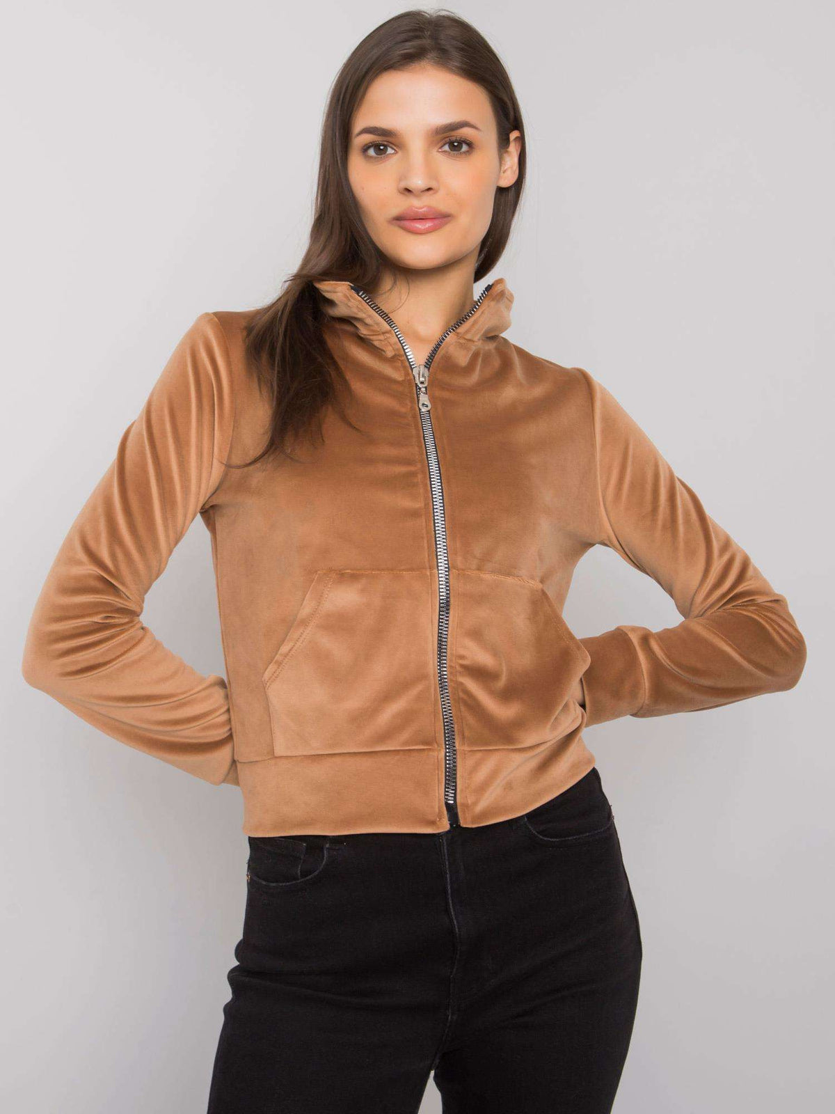 Camel Velour Zip-Up Sweatshirt
