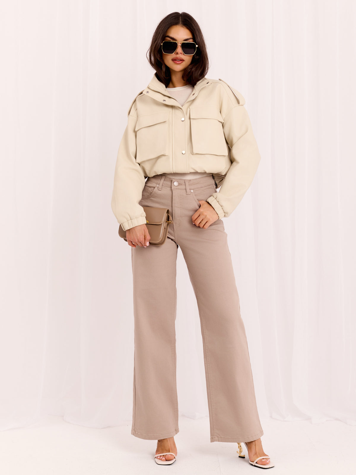 Dark Beige Wide-Leg Denim Trousers