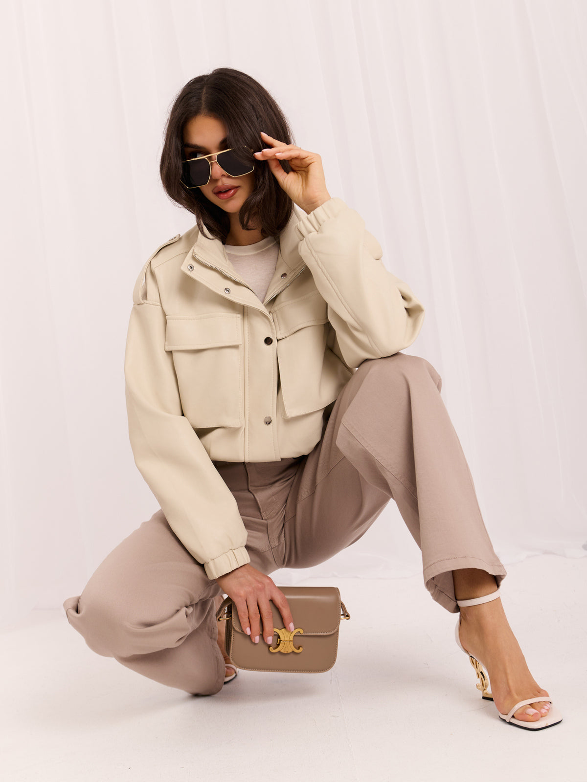 Dark Beige Wide-Leg Denim Trousers
