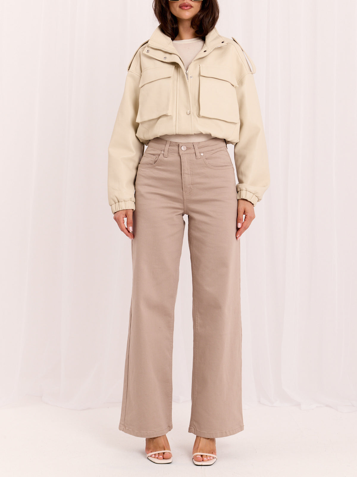 Dark Beige Wide-Leg Denim Trousers