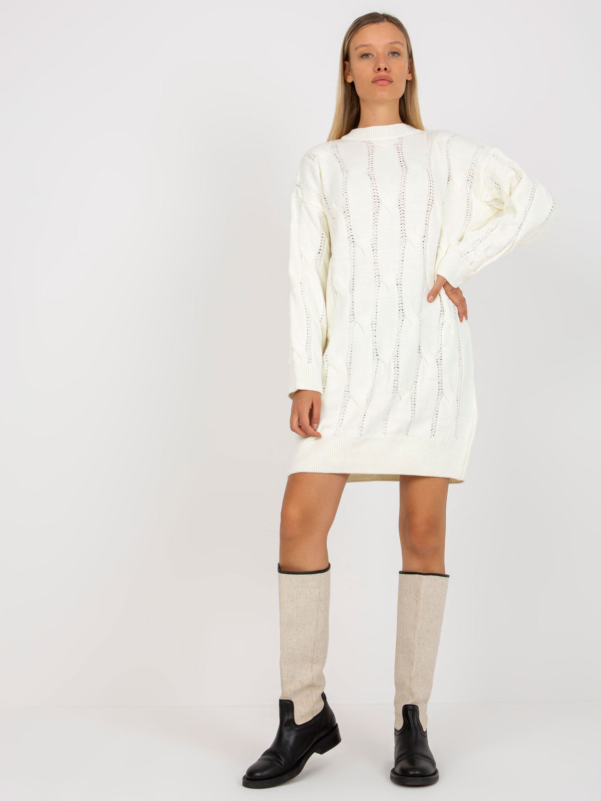 Ecru Cable-Knit Mini Dress